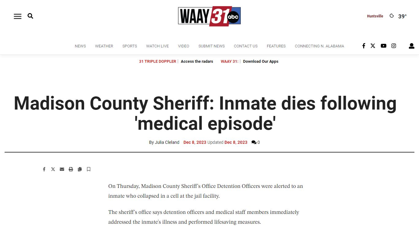 Madison County Sheriff: Inmate dies following 'medical episode'